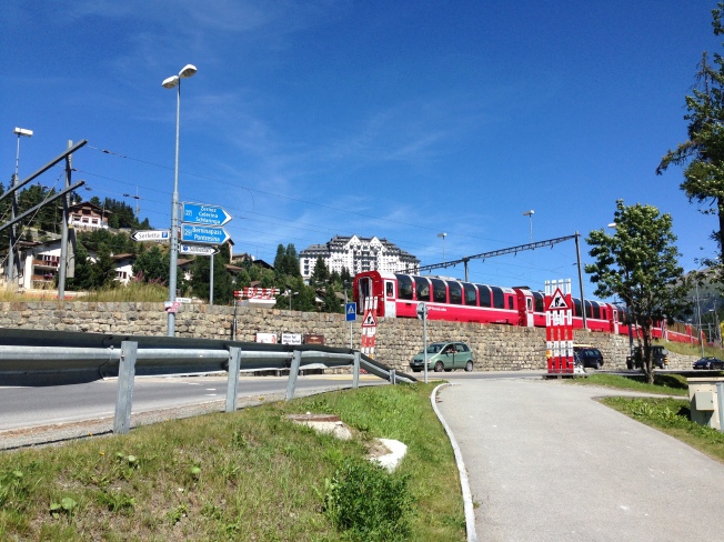 Iconic Train arriving at station, St. Moritz